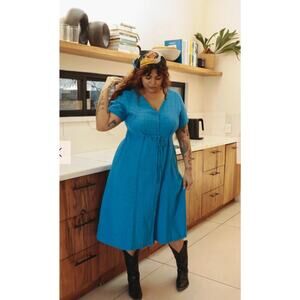 ODDBIRD Sz 1XL 1x Dilek Spring Blue Short Sleeve Midi Shirt Dress